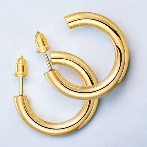 Chunky Gold Hoop Earrings 14K Real Gold Plated Hypoallergenic Posts Lightweight - Picture 5 of 6